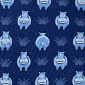 100% REAL HERMES TIE ~ BLUE w FUN LIGHT BLUE AFRICAN HIPPOS HIDING IN THE GRASS